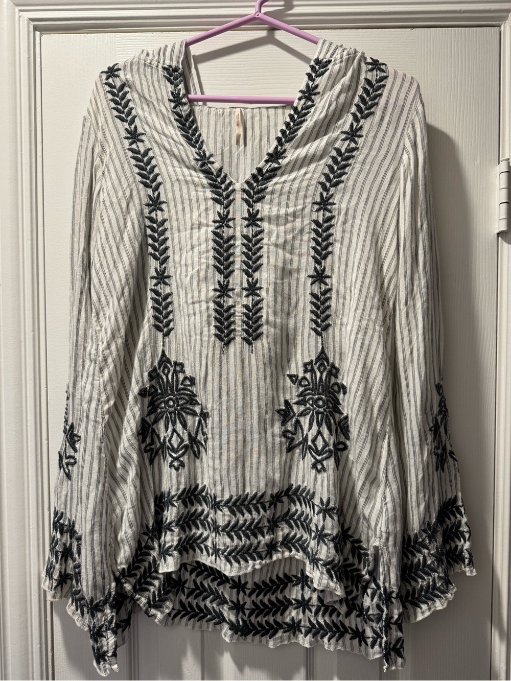 Free People White Tunic Coverup with Black Embroidery